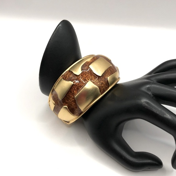 Unsigned Jewelry - Gold-Tone and Brown Enamel Patterned Cuff Bracelet
